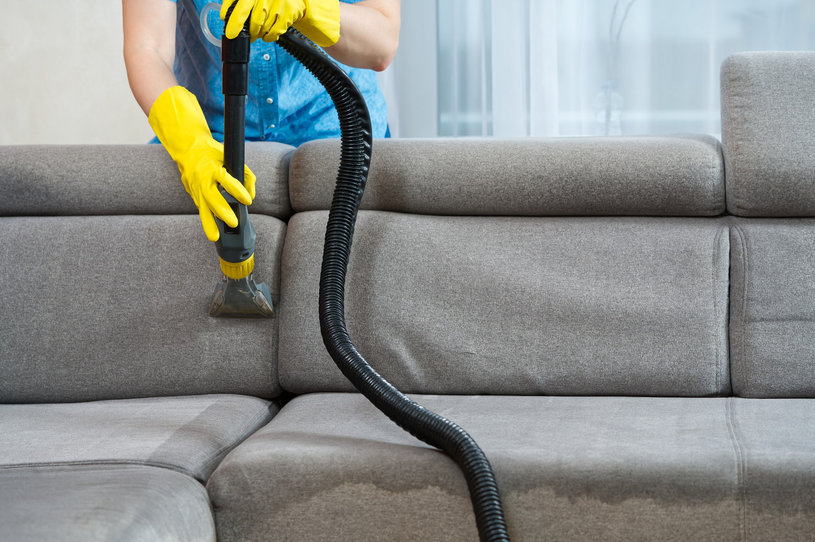 Sofa chemical cleaning with professionally extraction method. Wet textile sofa cleaning