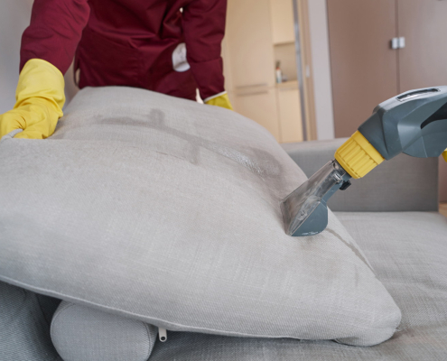 Team of skilled workers steam-cleaning couch cushion